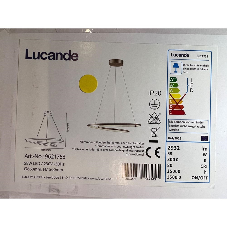 Lucande - LED Димируем пендел MIRASU LED/58W/230V