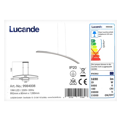Lucande - LED Пендел LORIAN LED/19W/230V