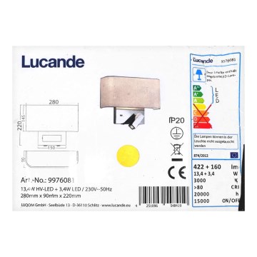Lucande - LED стенна лампа VIRVE LED/13,4W/230V + LED/3,4W/230V