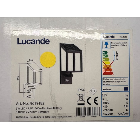 Lucande - LED Соларен аплик със сензор TIMEO LED/3W/3,7V IP54