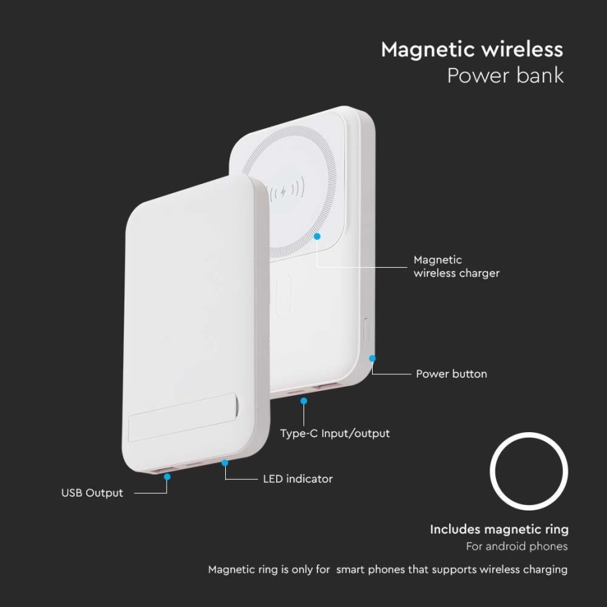 Магнитна захранваща банка с безжично зареждане Power Delivery 10 000mAh/20W/3,7V бял