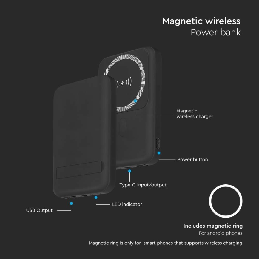 Магнитна захранваща банка с безжично зареждане Power Delivery 10 000mAh/20W/3,7V черен
