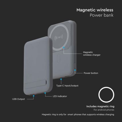 Магнитна захранваща банка с безжично зареждане Power Delivery 10 000mAh/20W/3,7V сив