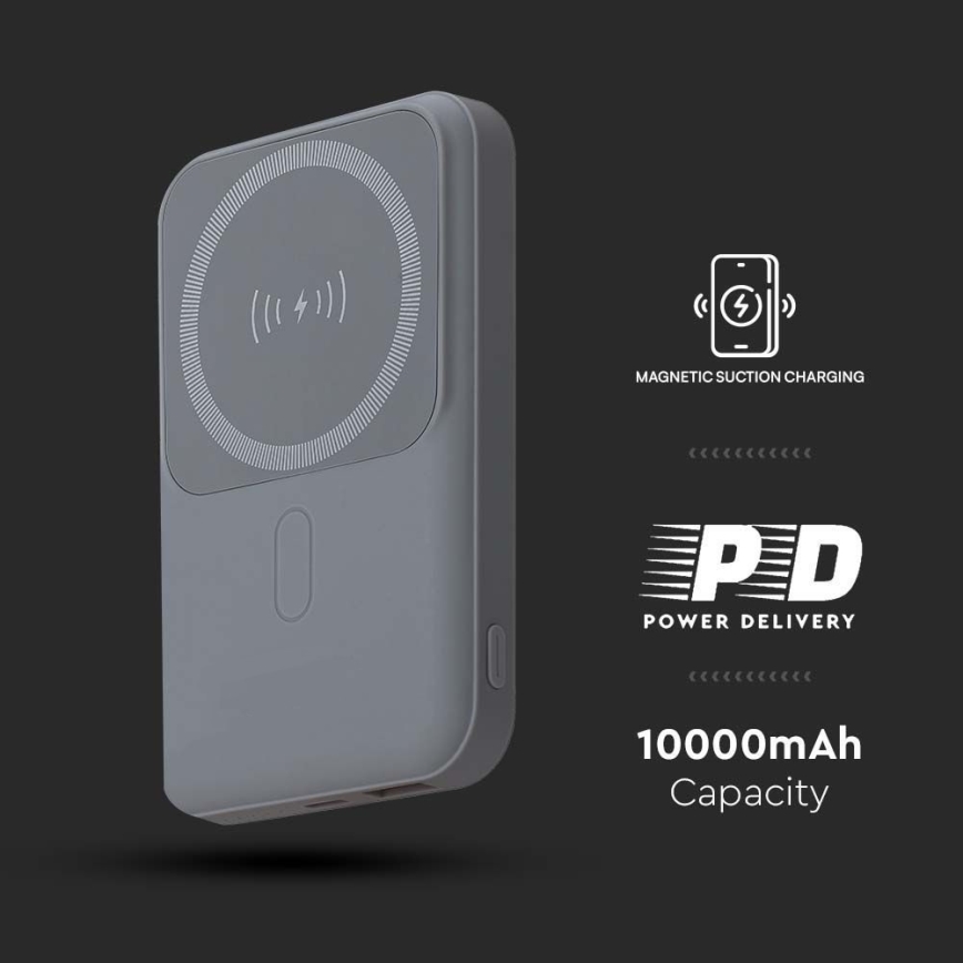 Магнитна захранваща банка с безжично зареждане Power Delivery 10 000mAh/20W/3,7V сив
