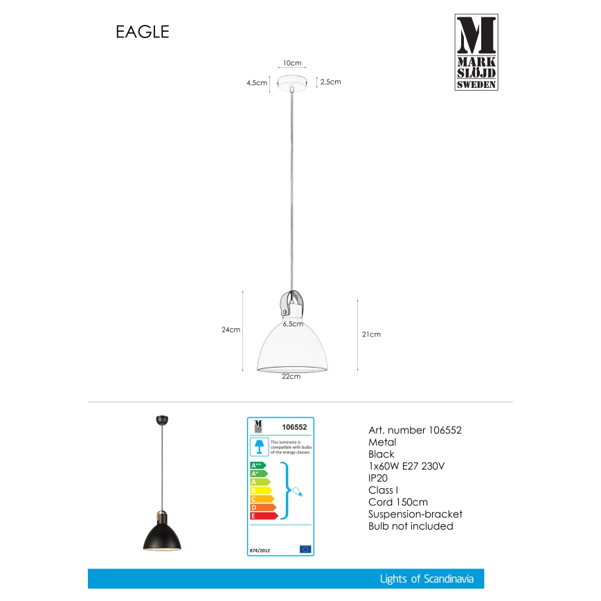 Markslöjd 106552 - Пендел EAGLE 1xE27/60W/230V черен