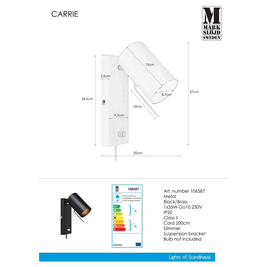 Markslöjd 106587 - Димируема Стенна лампа CARRIE 1xGU10/35W/230V черна