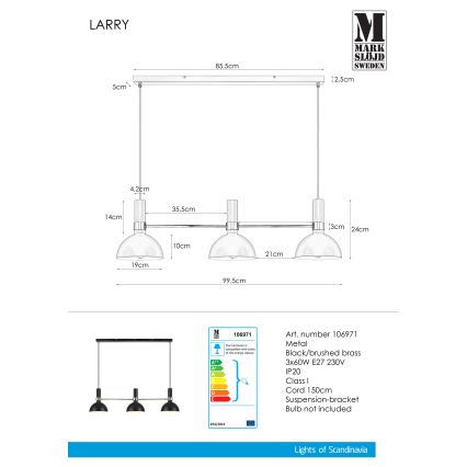 Markslöjd 106971 - Висящ полилей LARRY 3xE27/60W/230V черен/златист