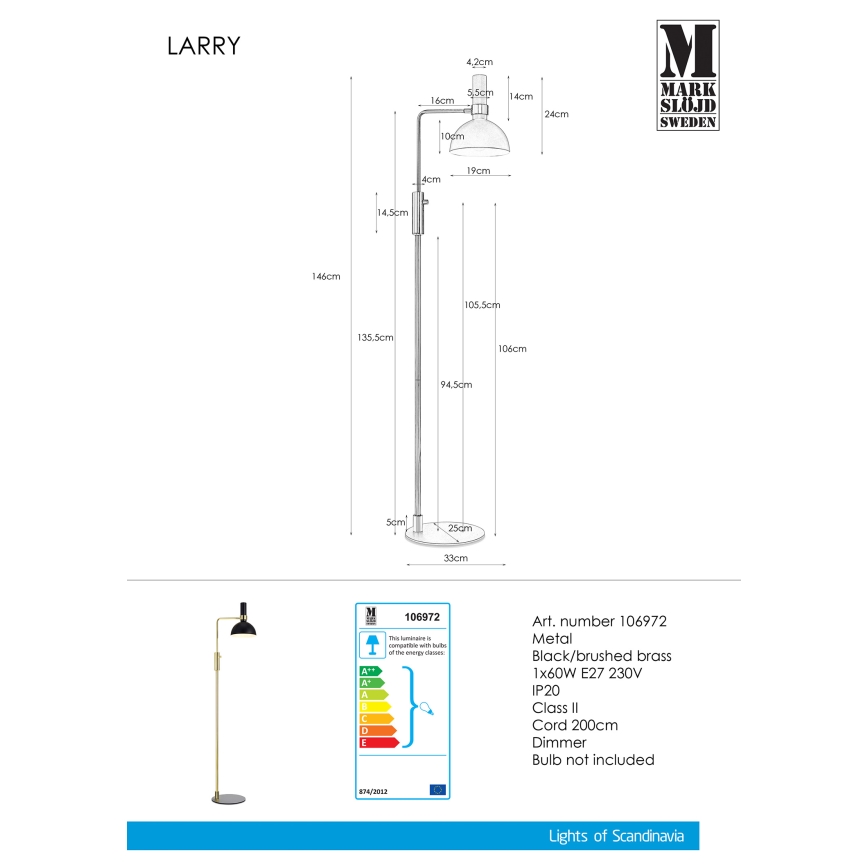 Markslöjd 106972 - Димируема Стояща лампа LARRY 1xE27/60W/230V черна/златна