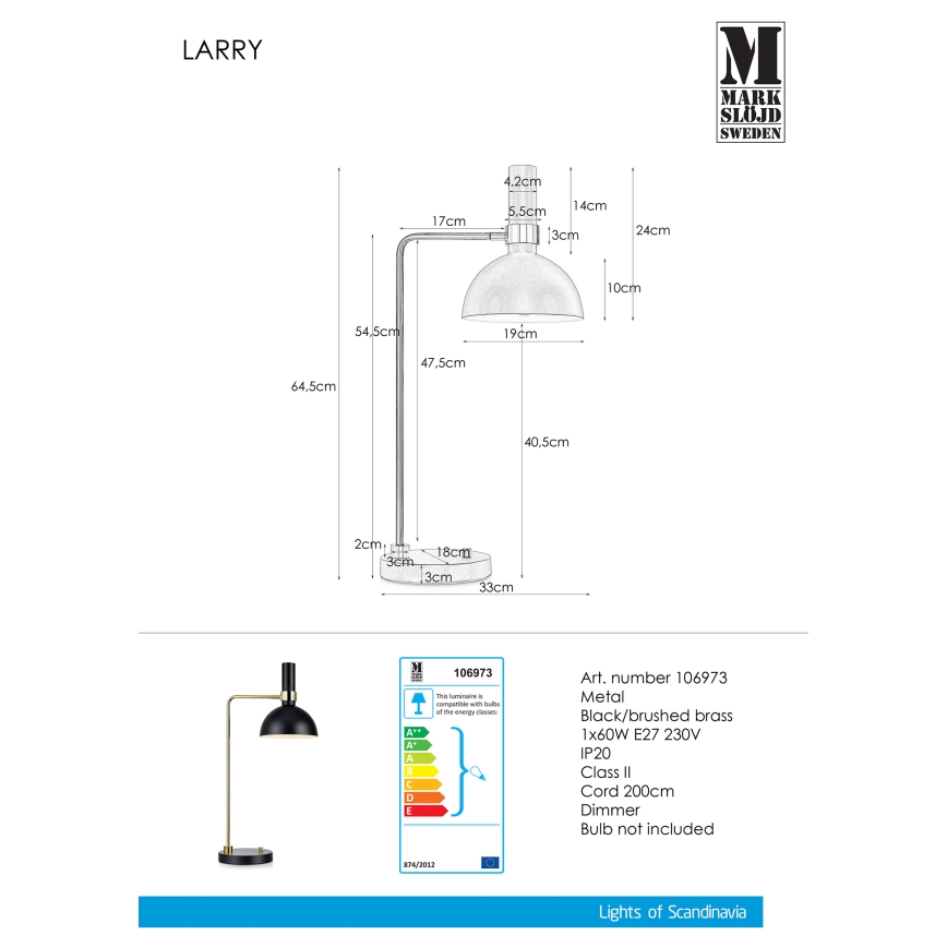Markslöjd 106973 - Димируема Настолна лампа LARRY 1xE27/60W/230V