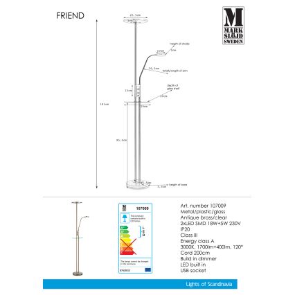 Markslöjd 107009 - LED Димируема Стояща лампа FRIEND LED/18W/230V + LED/5W