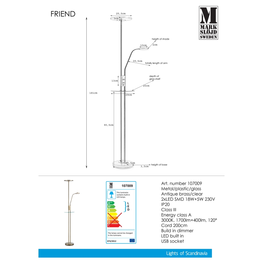 Markslöjd 107009 - LED Димируема Стояща лампа FRIEND LED/18W/230V + LED/5W
