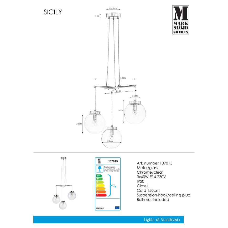 Markslöjd 107015 - Полилей на въже SICILY 3xE14/40W/230V