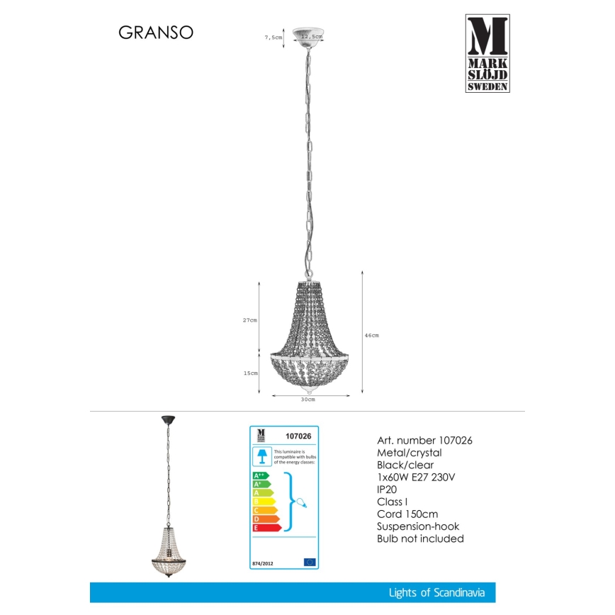 Markslöjd 107026 - Кристален Полилей на верижка GRÄNSÖ 1xE27/60W/230V