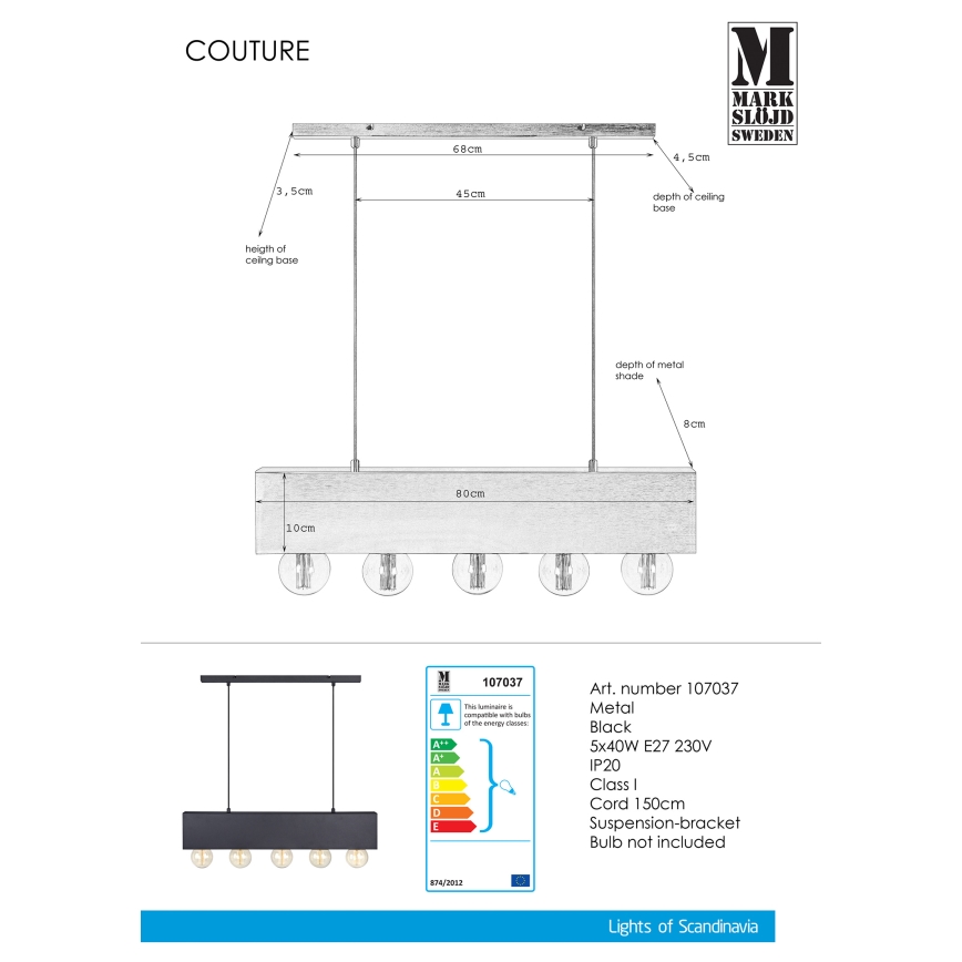 Markslöjd 107037 - Полилей на верижка COUTURE 5xE27/40W/230V