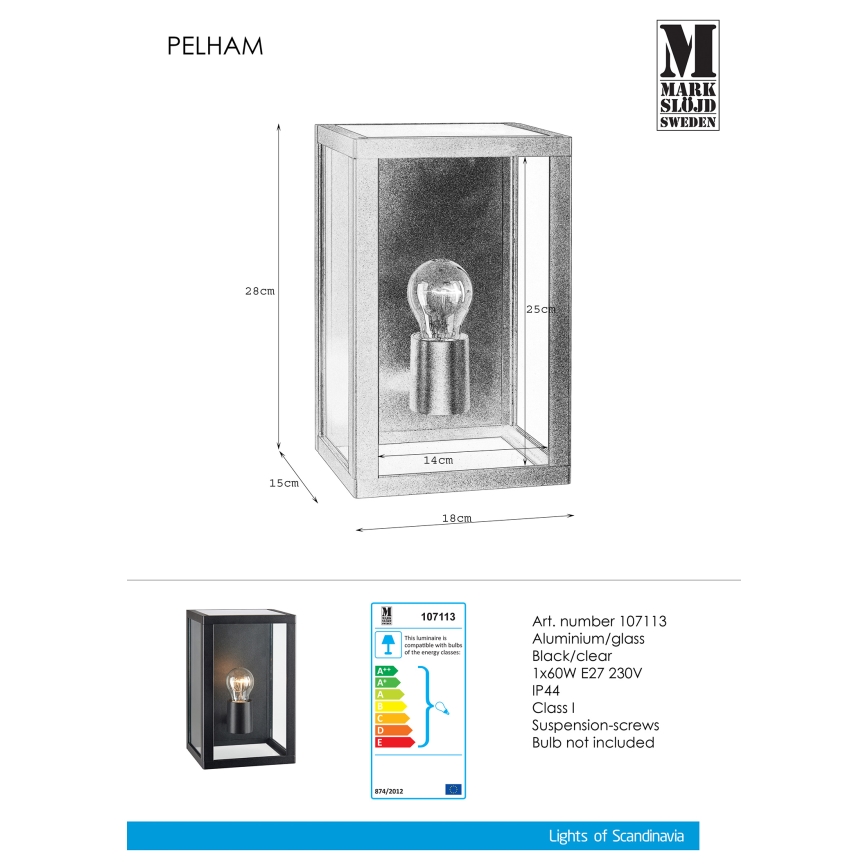 Markslöjd 107113 - Екстериорен аплик PELHAM 1xE27/60W/230V IP44 черен