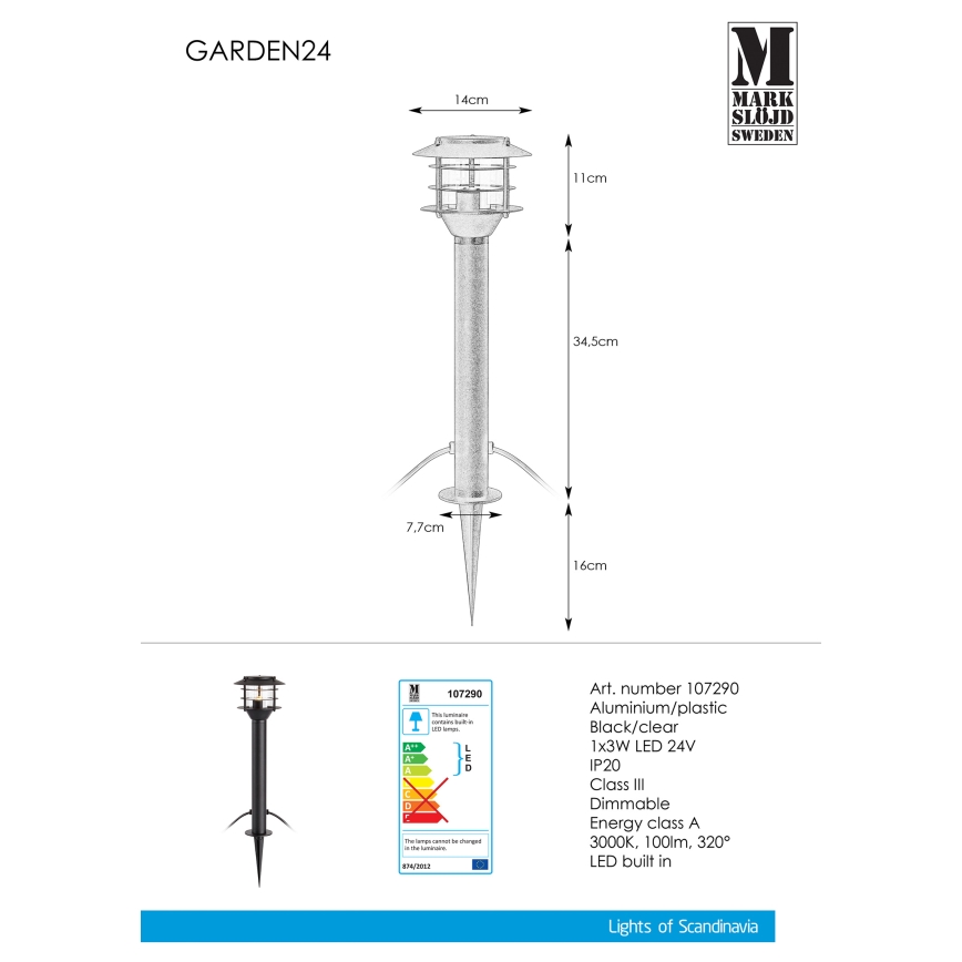 Markslöjd 107290 - LED Външна лампа GARDEN 24 LED/3W/24V 45 см IP44 черна