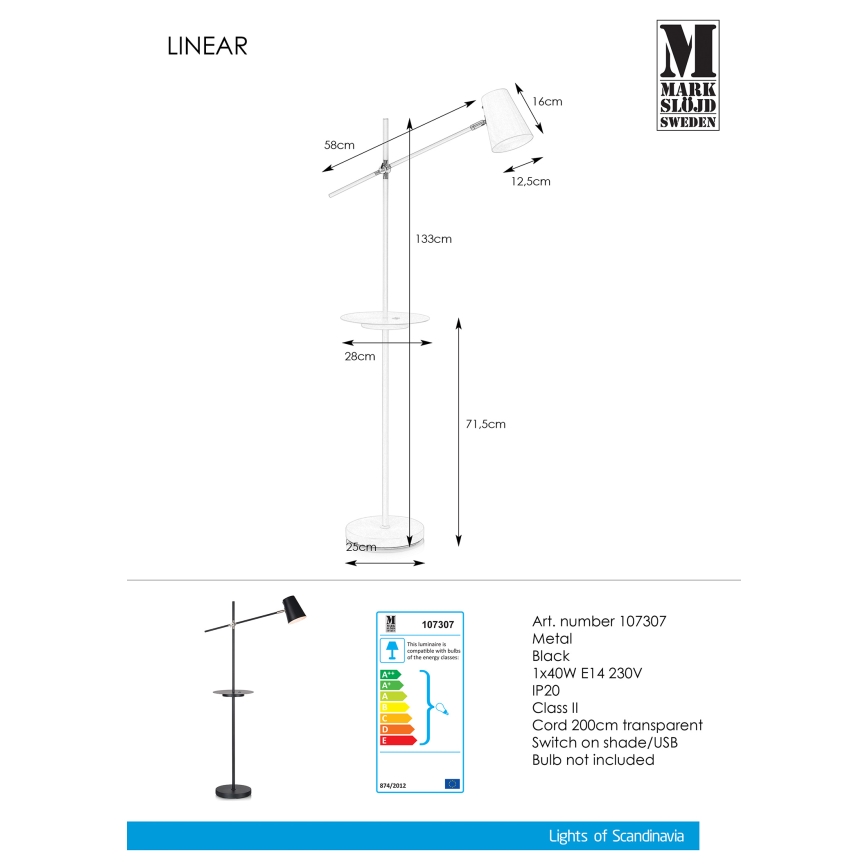 Markslöjd 107307 - Стояща лампа s USB LINEAR 1xE14/40W/230V