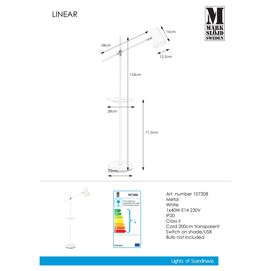 Markslöjd 107308 - Стояща лампа s USB LINEAR 1xE14/40W/230V