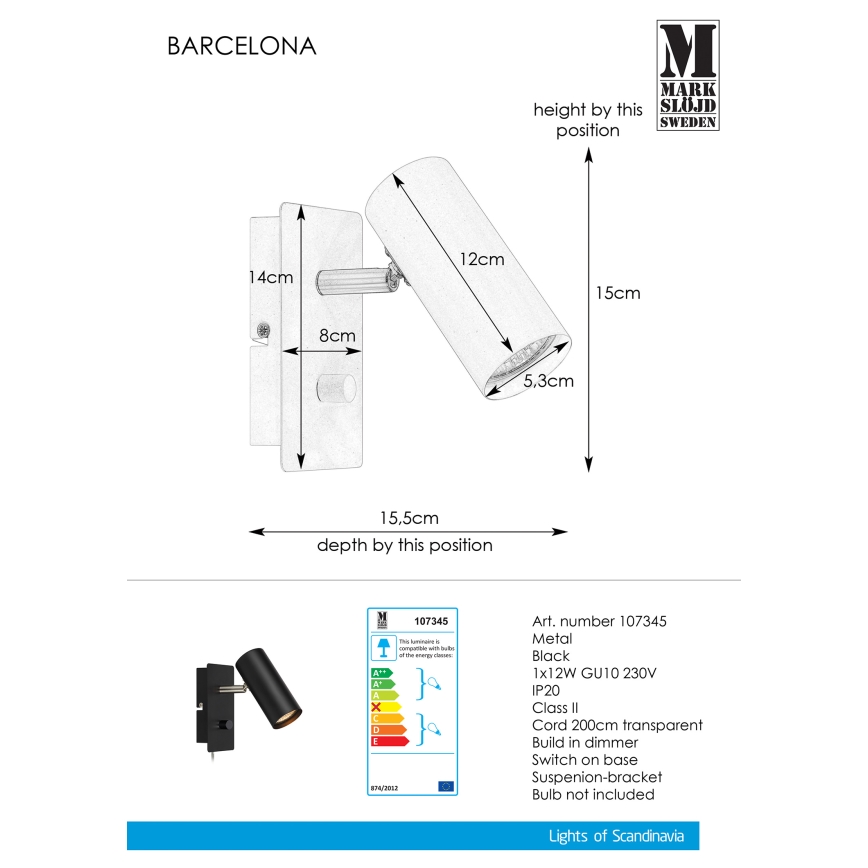 Markslöjd 107345 - Димируем стенен спот BARCELONA 1xGU10/12W/230V