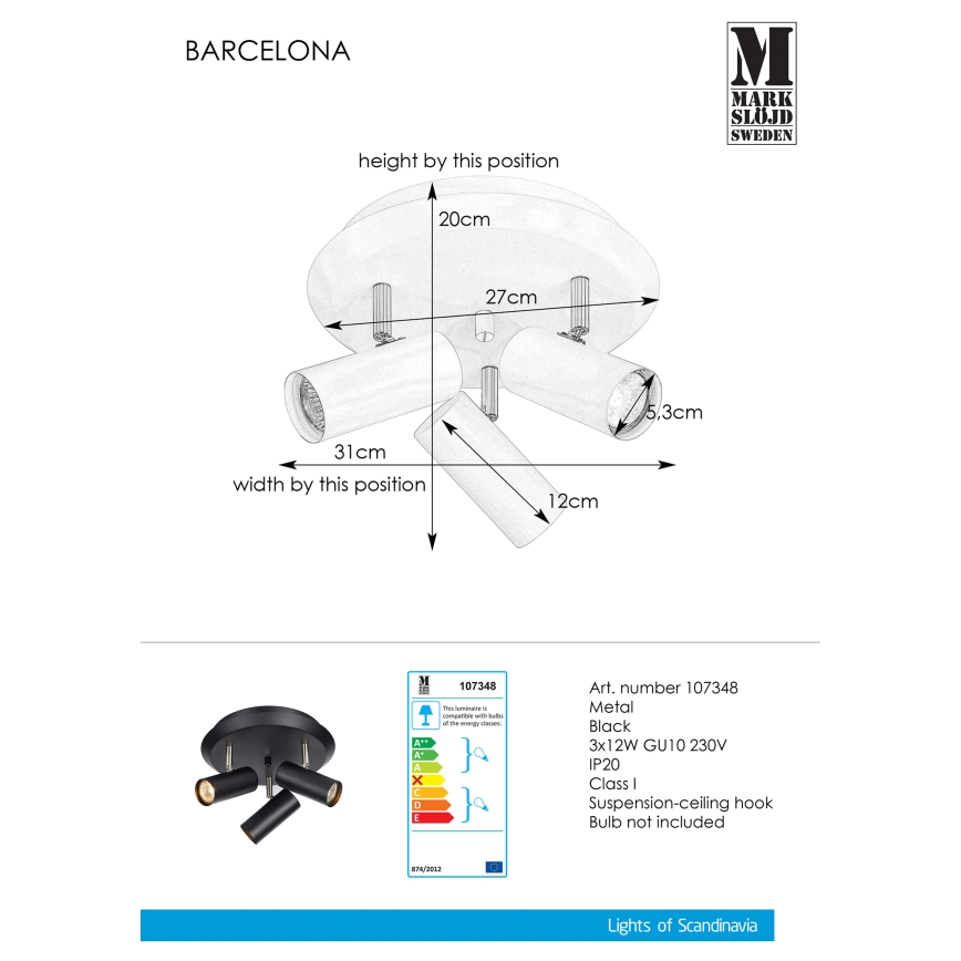 Markslöjd 107348 - Точково осветително тяло BARCELONA 3xGU10/12W/230V