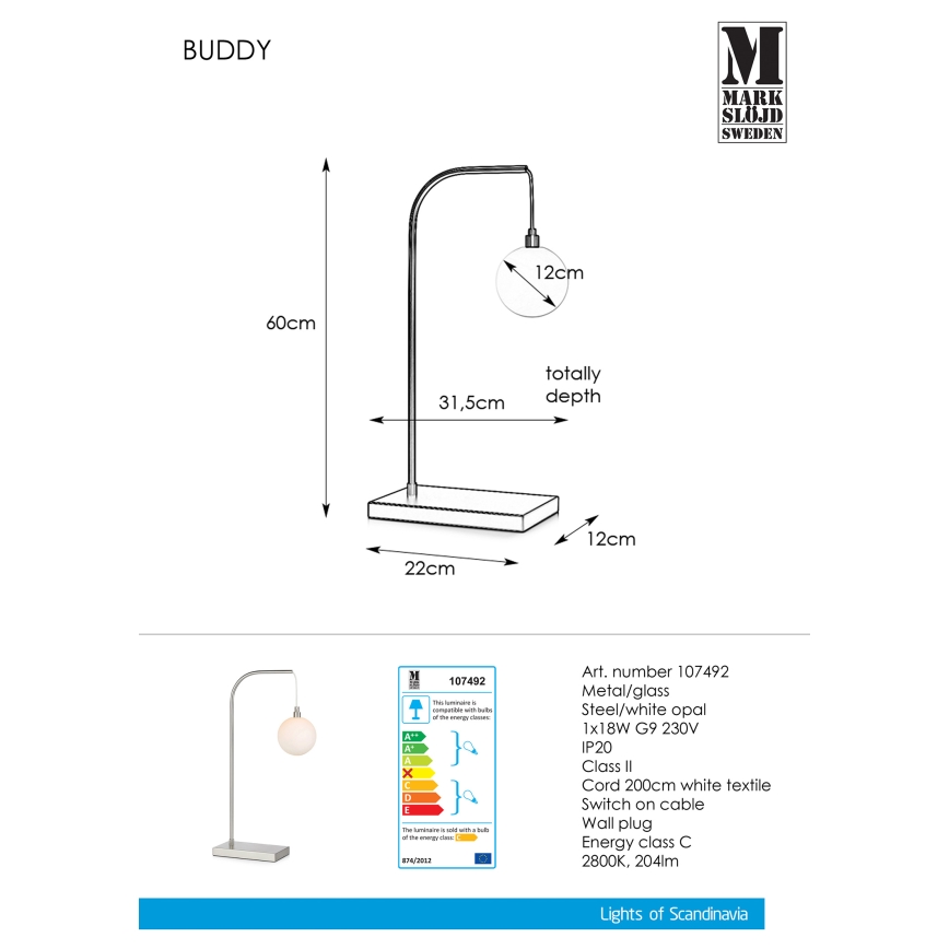 Markslöjd 107492 - Настолна лампа BUDDY 1xG9/18W/230V