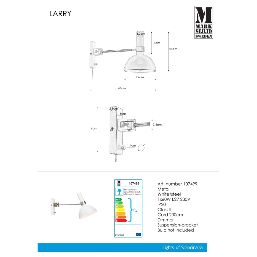 Markslöjd 107499 - Димируем аплик LARRY 1xE27/60W/230V