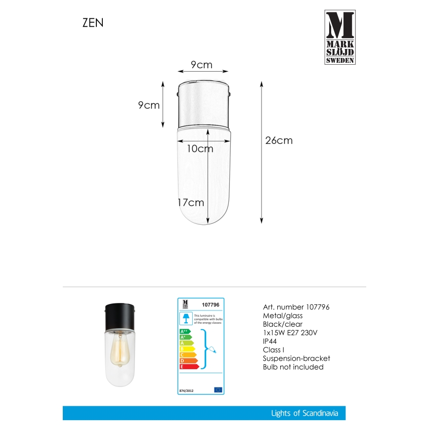 Markslöjd 107796 - За баня Лампа за таван ZEN 1xE27/15W/230V IP44