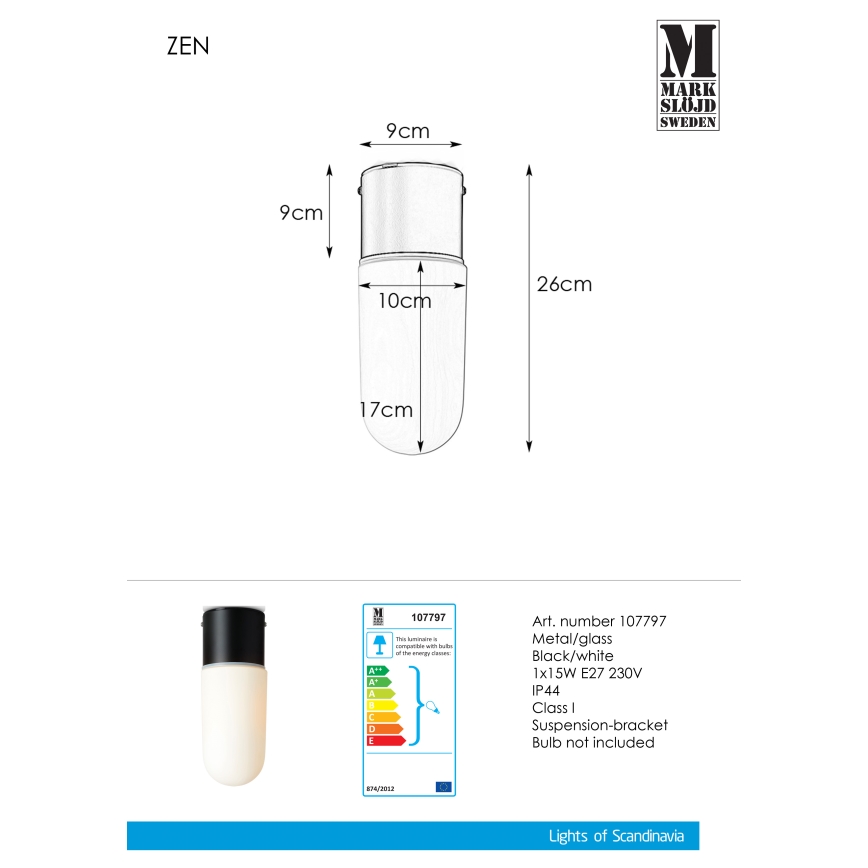 Markslöjd 107797 - За баня Лампа за таван ZEN 1xE27/15W/230V IP44