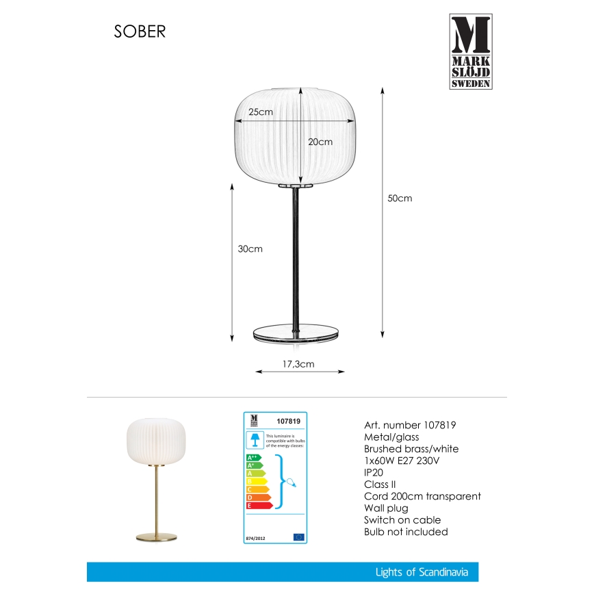 Markslöjd 107819 - Настолна лампа SOBER 1xE27/60W/230V бяло/месинг