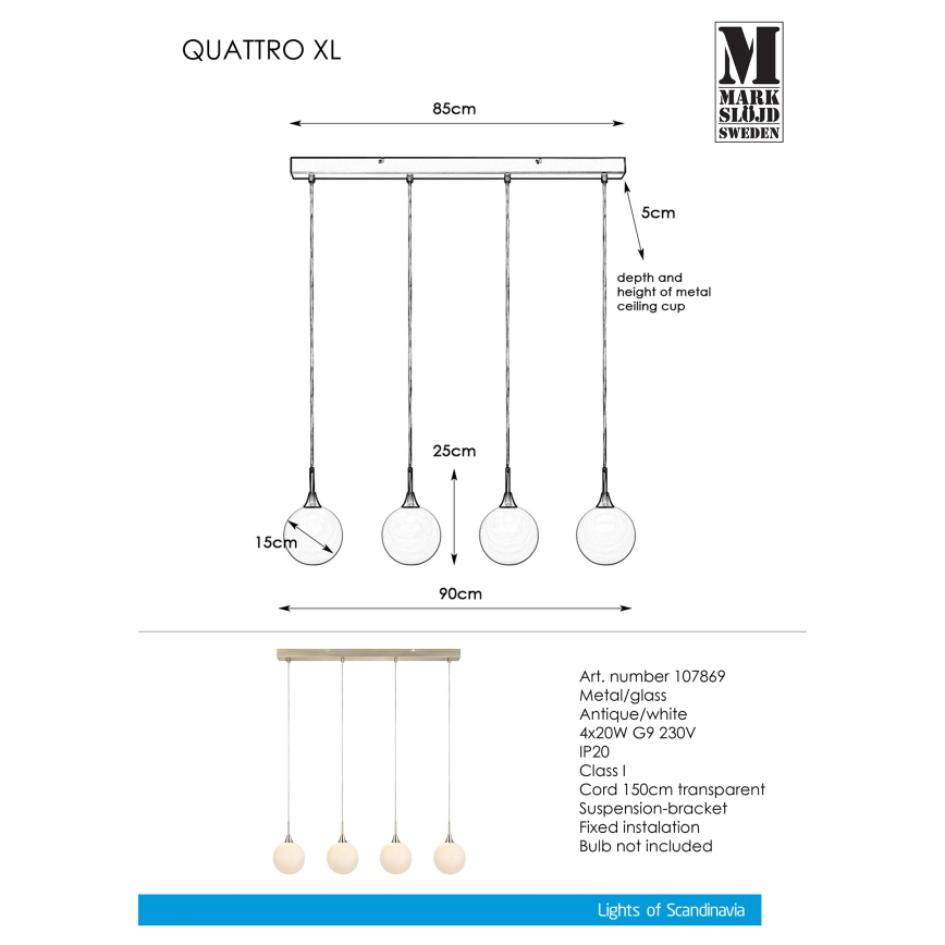 Markslöjd 107869 - Висящ полилей QUATTRO XL 4xG9/20W/230V