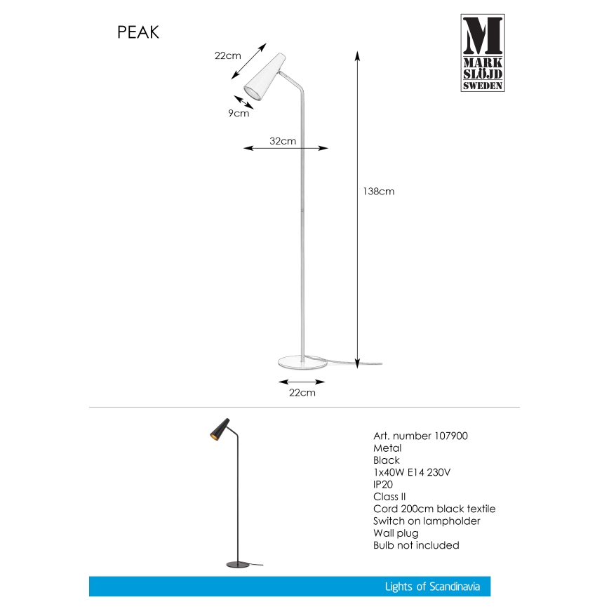 Markslöjd 107900 - Подова лампа PEAK 1xE14 / 40W / 230V