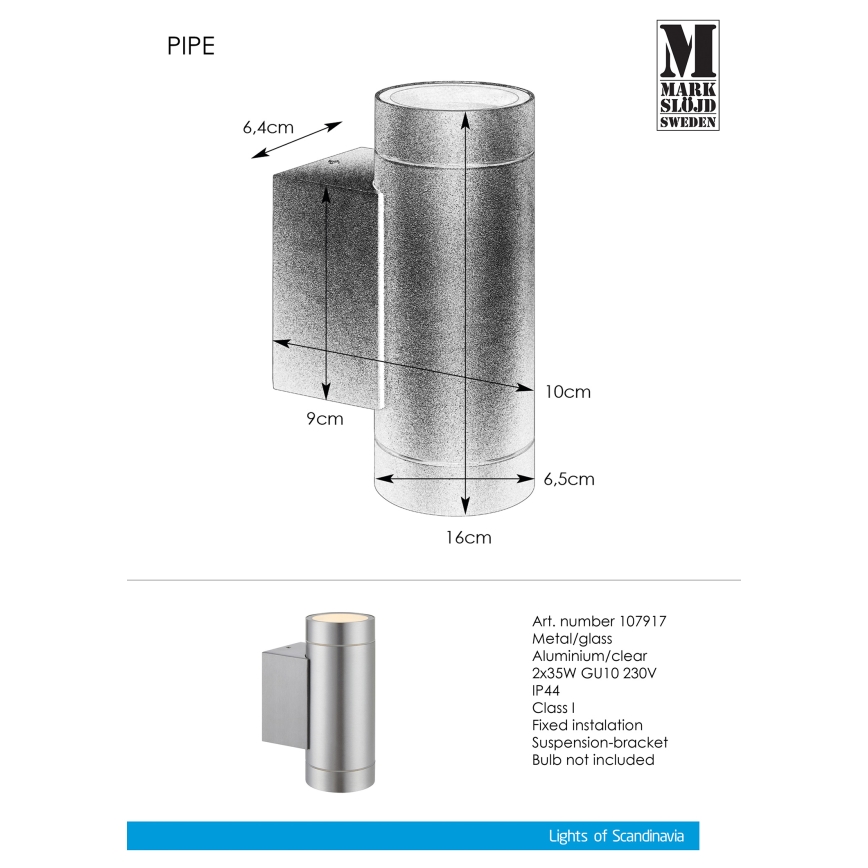 Markslöjd 107917 - Екстериорен аплик PIPE 2xGU10/35W/230V IP44