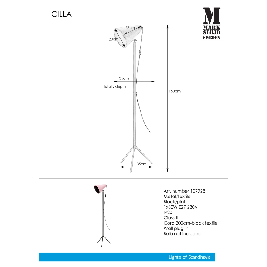 Markslöjd 107928 - Подова лампа CILLA 1xE27/60W/230V