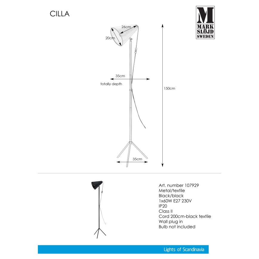 Markslöjd 107929 - Подова лампа CILLA 1xE27/60W/230V