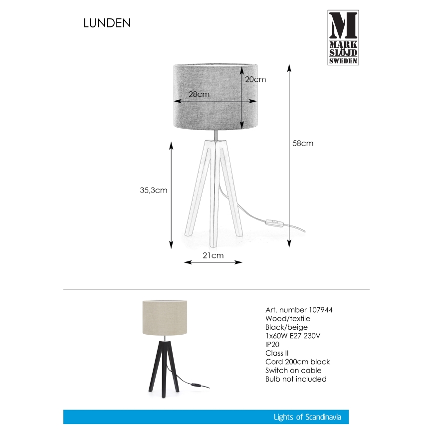Markslöjd 107944 - Настолна лампа LUNDEN 1xE27/60W/230V