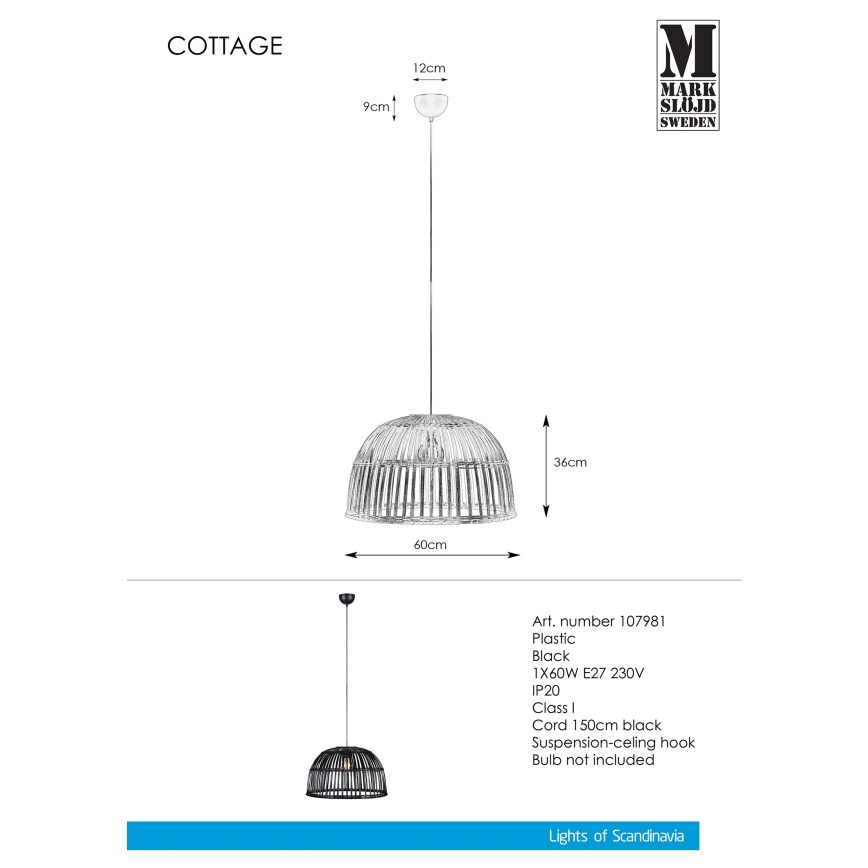 Markslöjd 107981 - Полилей на въже COTTAGE 1xE27/60W/230V