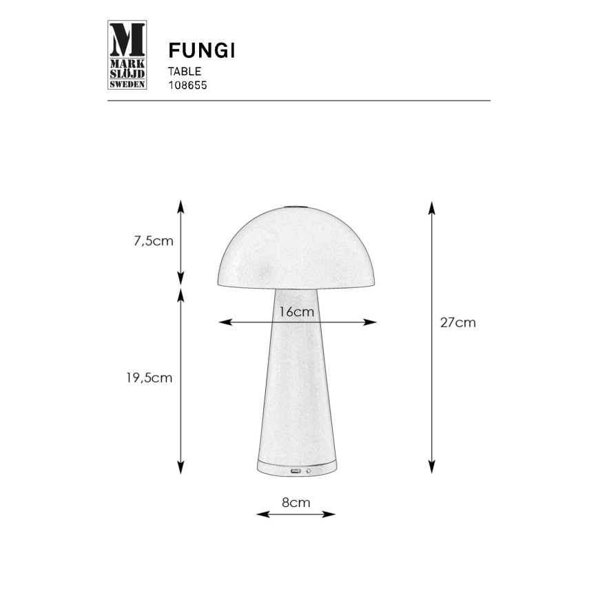 Markslöjd 108655 - LED Димируем rechargeable лампа FUNGI LED/1,5W/5V IP44 черен