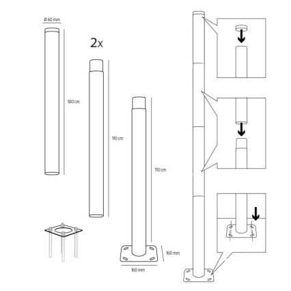 Метален стълб за външно осветление BASE, 4 м, Ø 60 мм, черен