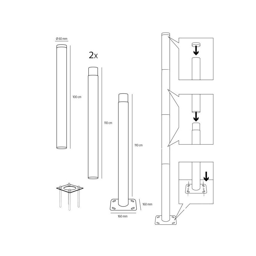 Метален стълб за външно осветление BASE, 4 м, Ø 60 мм, черен