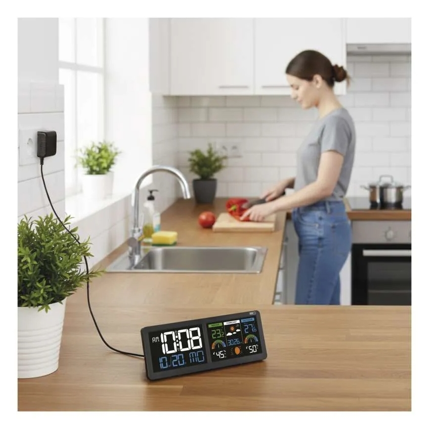 Метеорологична станция с цветен LCD дисплей и будилник 5V 3xAAA + 2xAA черна