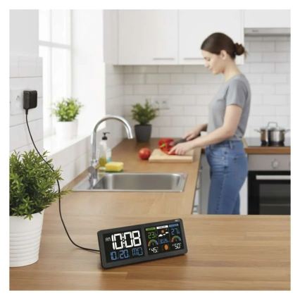 Метеостанция с цветен LCD дисплей и вграден будилник, 5V, 3xAAA + 2xAA, черна