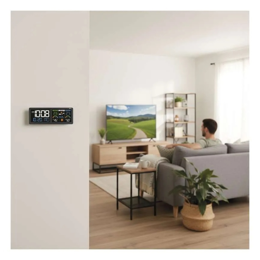 Метеостанция с цветен LCD дисплей и вграден будилник, 5V, 3xAAA + 2xAA, черна