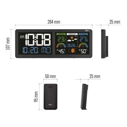 Метеостанция с цветен LCD дисплей и вграден будилник, 5V, 3xAAA + 2xAA, черна