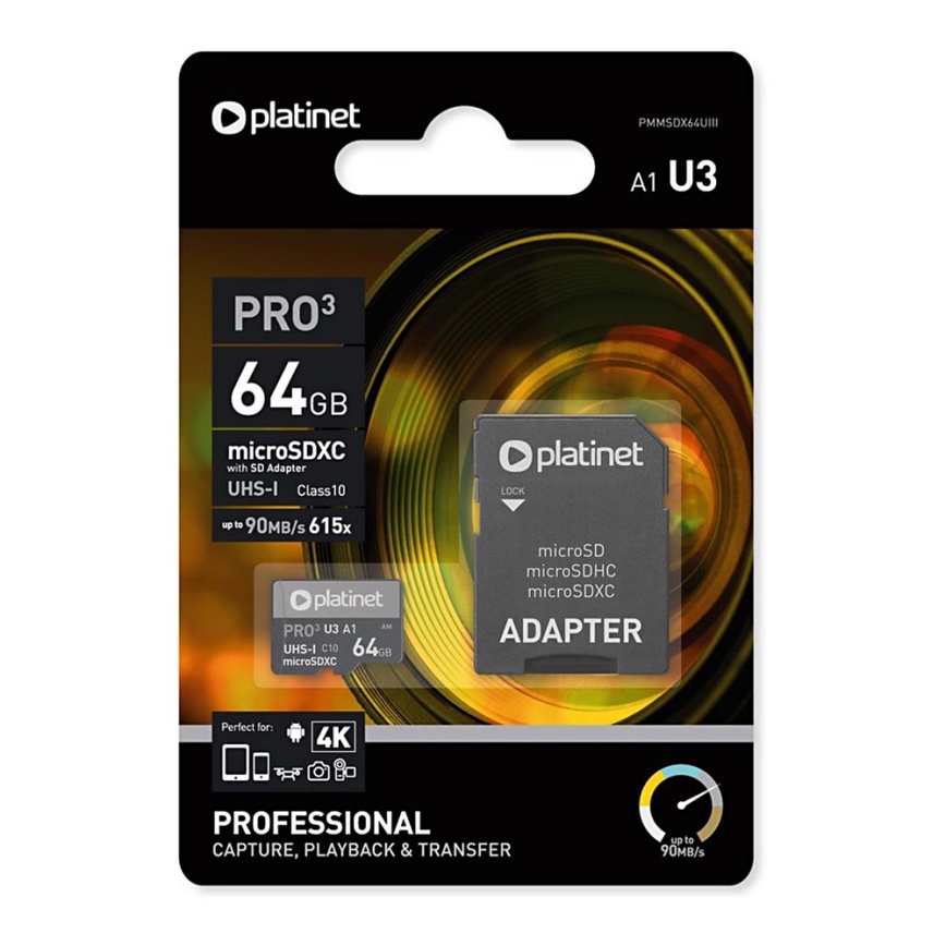 MicroSDXC 64GB U3 Pro A1 90MB/s + SD адаптер