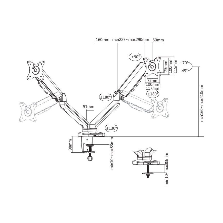 MK FLORIA MKF-21DP113S2 - Регулируем държач за два 32 монитора, черен