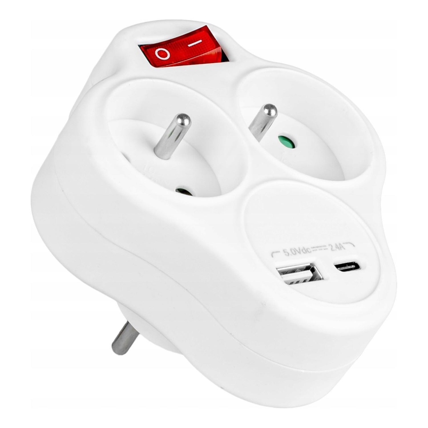 Многофункционален разклонител с ключ, 2 гнезда + USB-C + USB-A