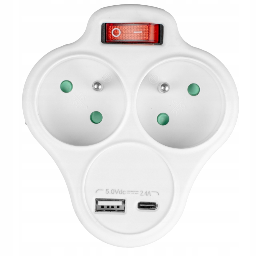 Многофункционален разклонител с ключ, 2 гнезда + USB-C + USB-A