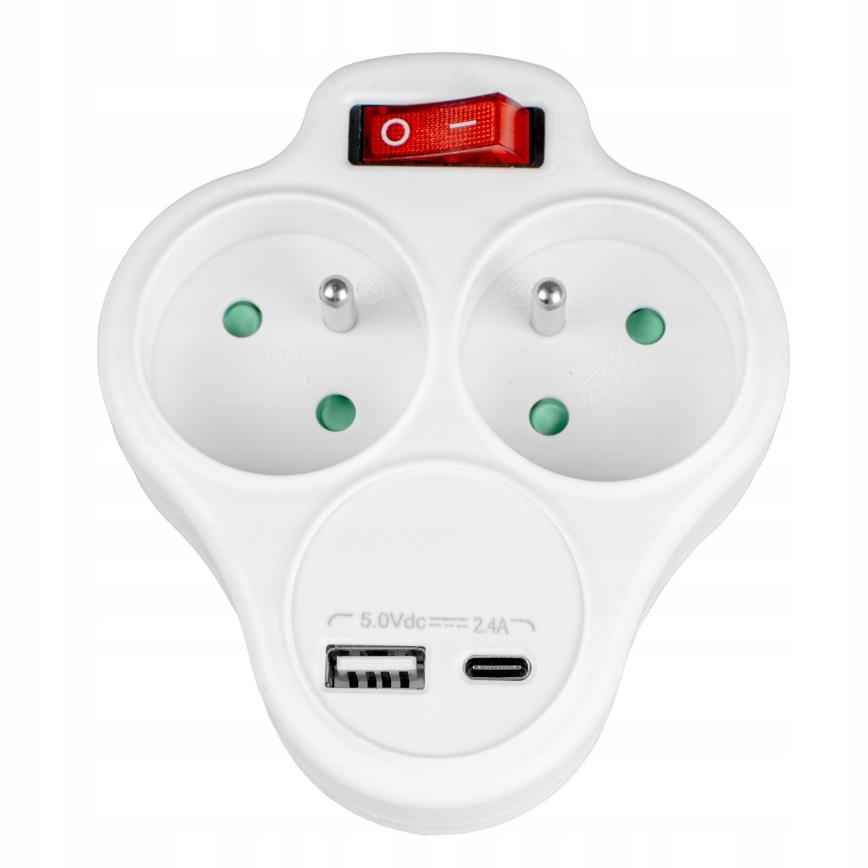 Многофункционален разклонител с ключ, 2 гнезда + USB-C + USB-A