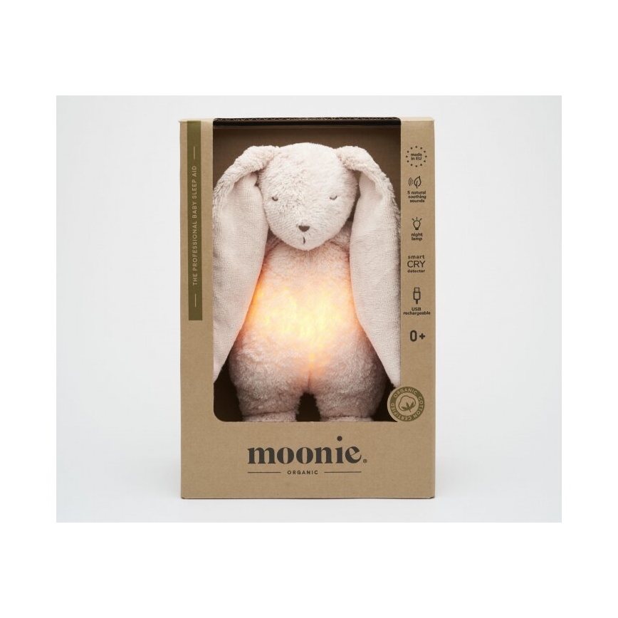 Moonie - Приятел за гушкане с мелодия и светлина 2.0 зайче organic роза