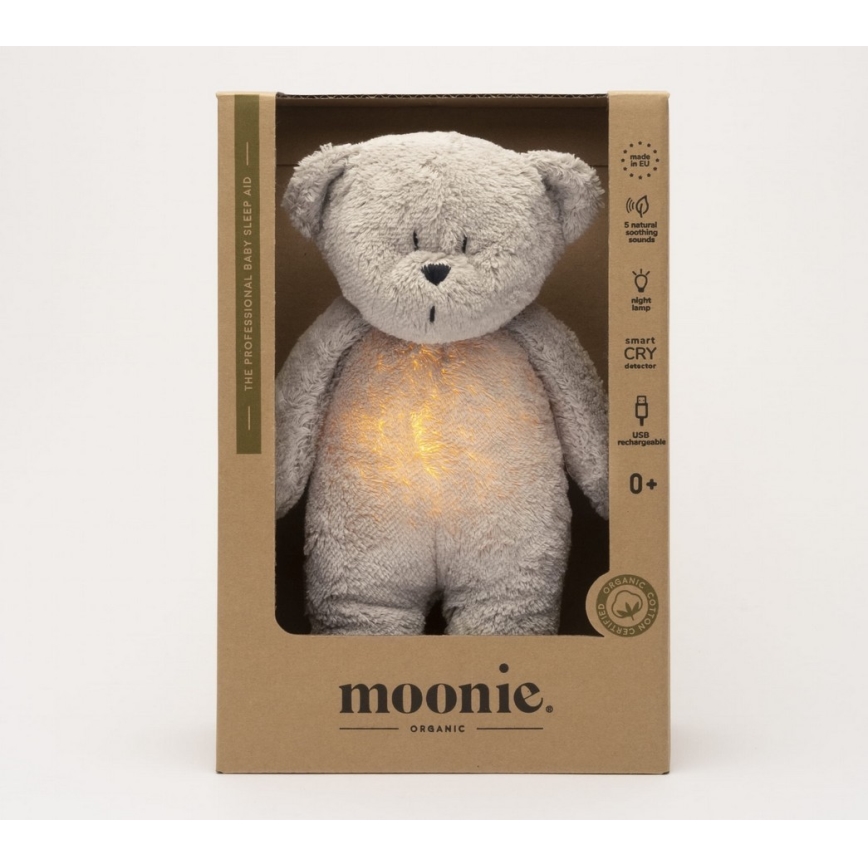 Moonie - Приятел за гушкане с мелодия и светлина малко мече 2.0 органичен сив